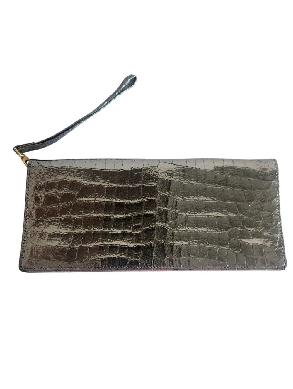 Lodis Metallic Silver Croc Embossed Leather Clutch Wristlet